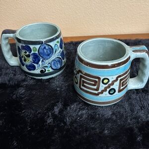 Tonala Pottery Oversized Mugs Geometric & Floral Patterns Set Of 2